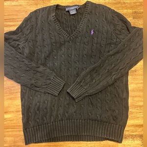 Ralph Lauren Sport XL Sweater V-Neck Cable Knit Cotton Purple Pony Preppy